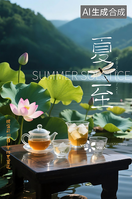 【AI数字艺术】夏至节气海报冰茶荷花茶具湖景山景图片素材