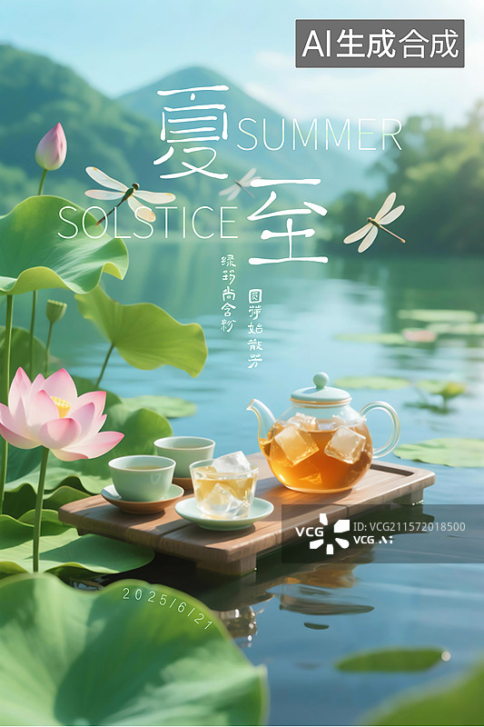 【AI数字艺术】夏至节气海报冰茶荷花茶具湖景山景图片素材