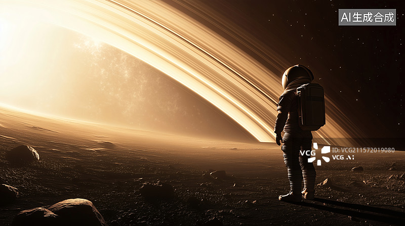 【AI数字艺术】宇航员站在星球上遥望土星光环图片素材