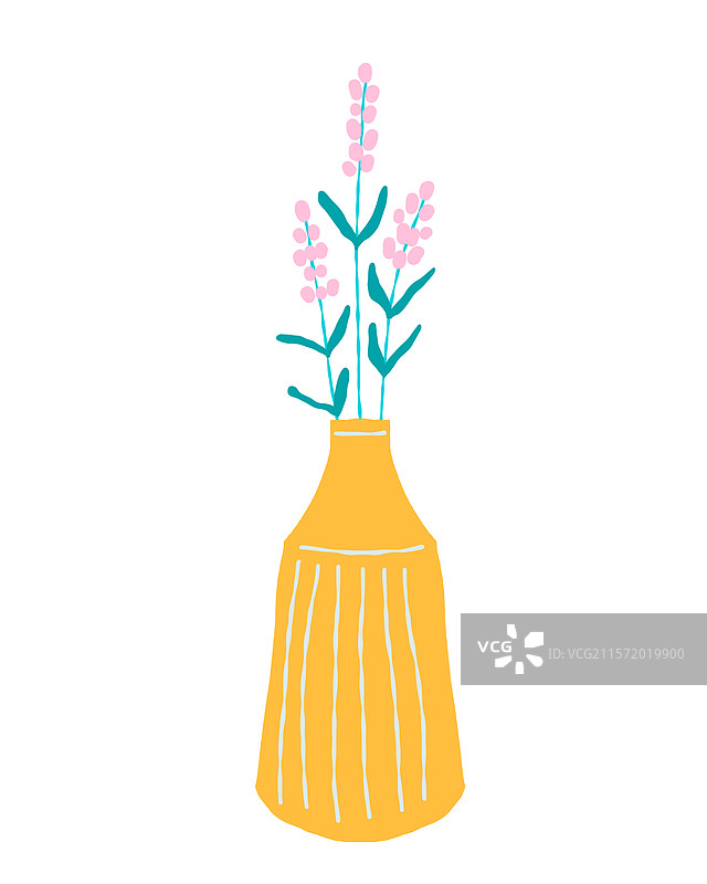 手绘的薰衣草花束放在黄色花瓶中图片素材