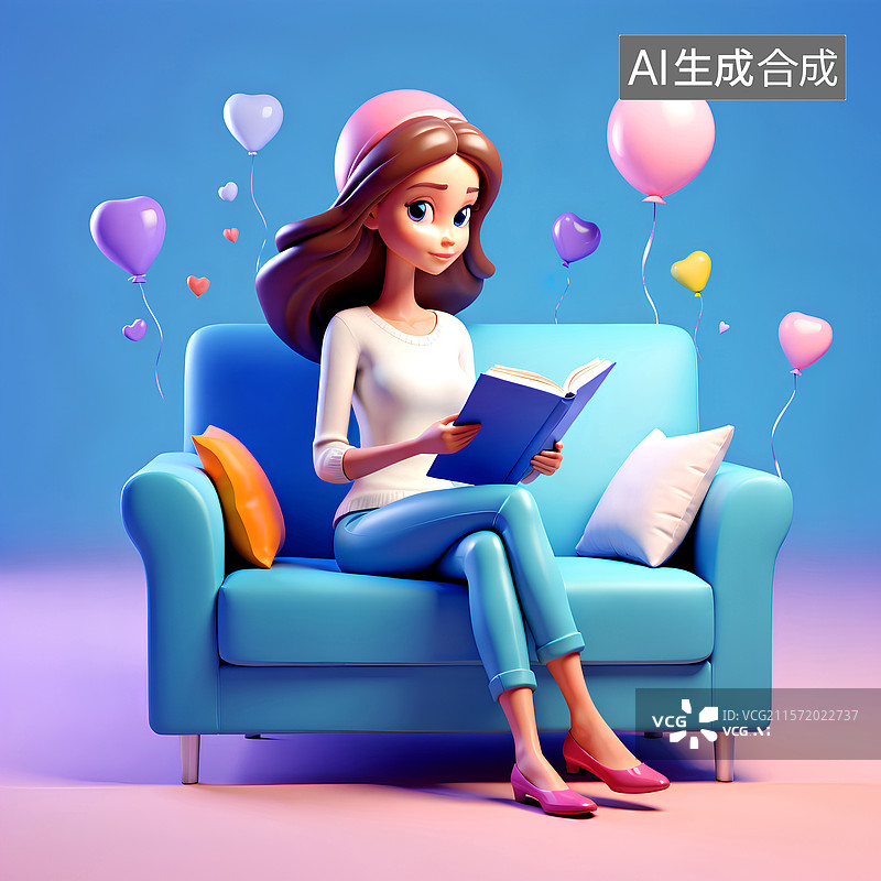 【AI数字艺术】坐在沙发上读书的女人图片素材