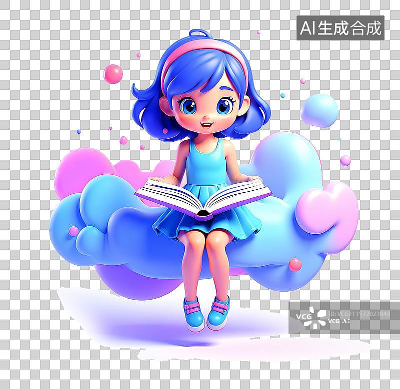 【AI数字艺术】坐在云朵上看书的女孩图片素材