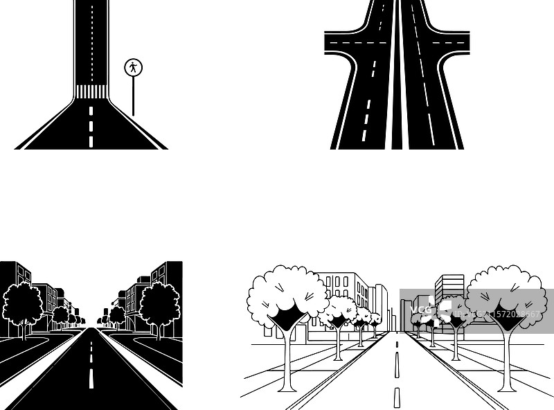 黑白城市道路和城市风景图片素材