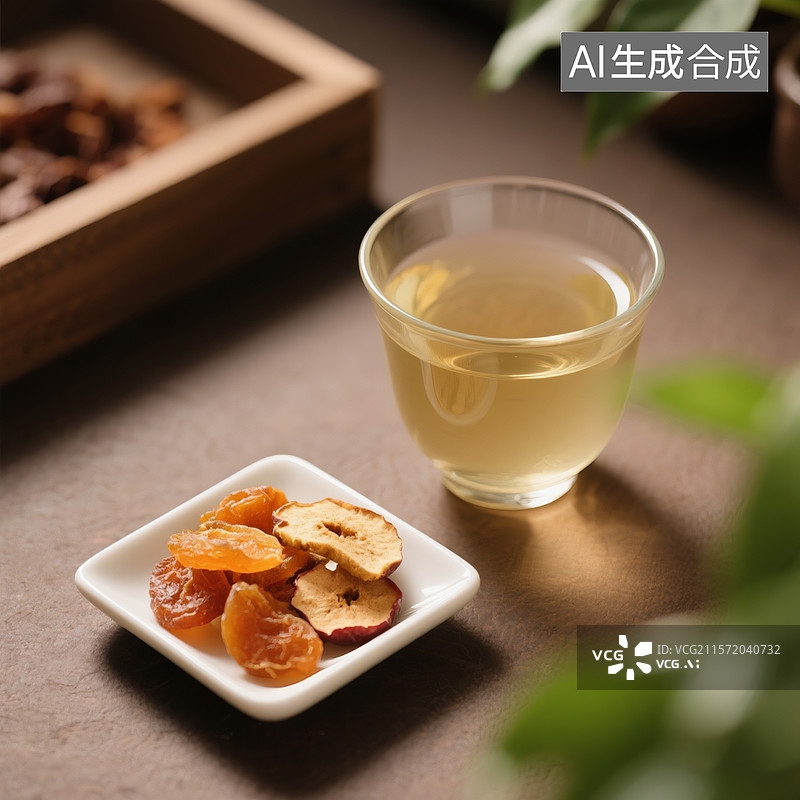 【AI数字艺术】一杯清茶，旁边配有一方碟果脯干图片素材