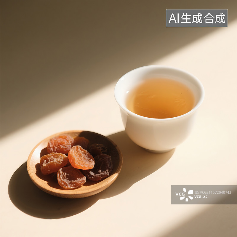 【AI数字艺术】一杯清茶，旁边配有一方碟果脯干图片素材