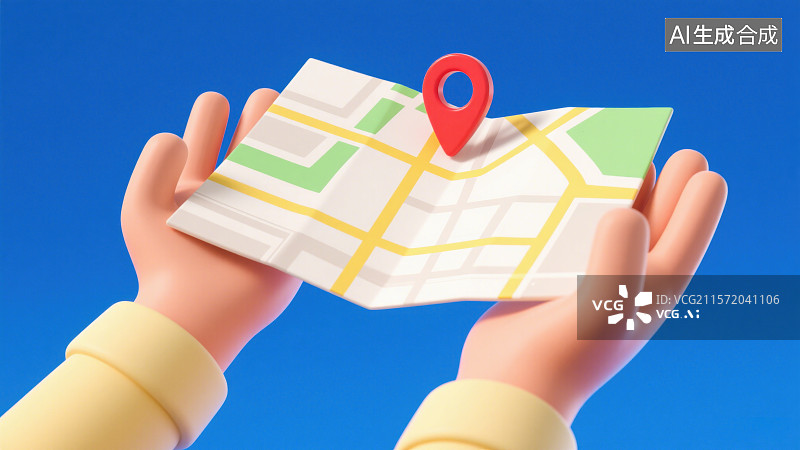 【AI数字艺术】3D三维手势语手拿地图GPS定位地标地块地图户外春游野营露营旅游图片素材