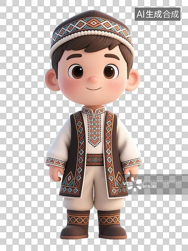 【AI数字艺术】身着民族服饰的哈萨克族3D卡通男孩形象图片素材