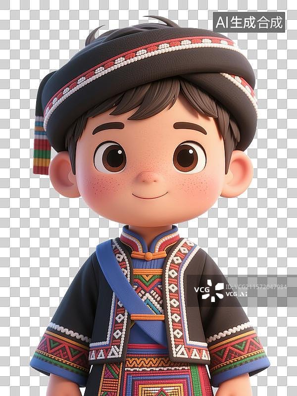 【AI数字艺术】身着民族服饰的哈尼族卡通男孩形象图片素材