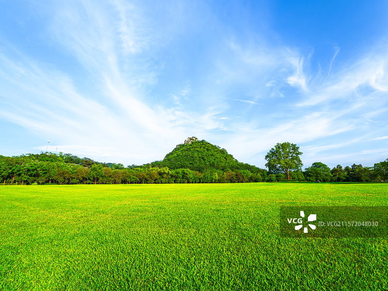 广西柳州马鹿山公园整齐的草坪草地、青山绿树、城市建筑与蓝天白云风光图片素材