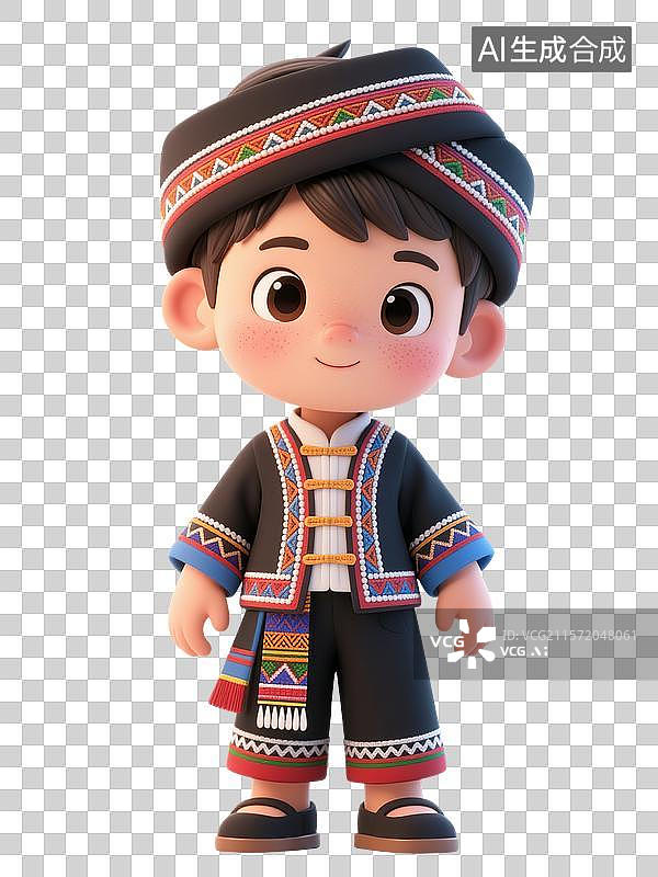 【AI数字艺术】身着民族服饰的哈尼族卡通男孩形象图片素材