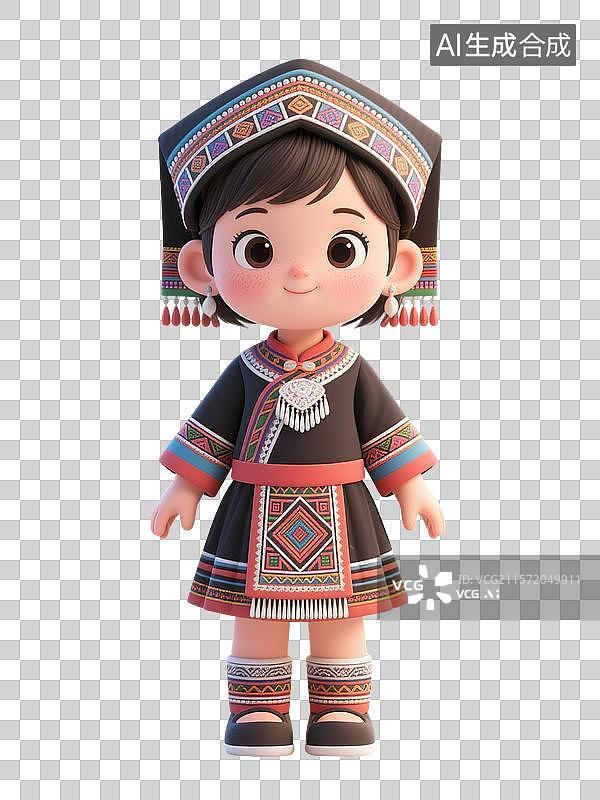 【AI数字艺术】身着民族服饰裙装的畲族卡通女孩形象图片素材