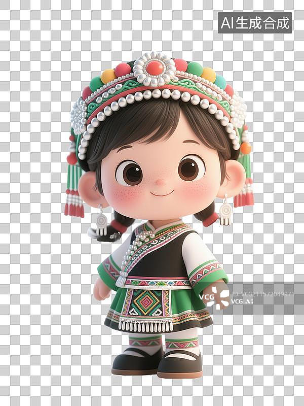 【AI数字艺术】身着民族服饰裙装的畲族卡通女孩形象图片素材