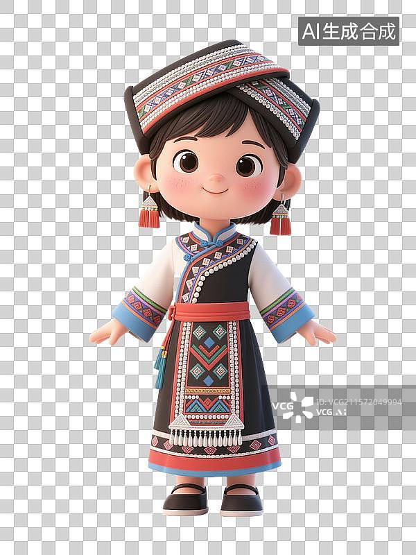 【AI数字艺术】身着民族服饰裙装的畲族卡通女孩形象图片素材