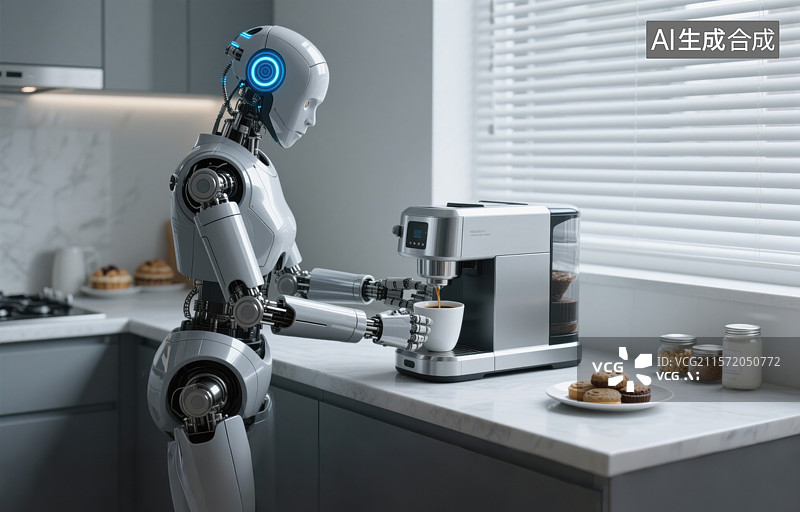 【AI数字艺术】人工智能机器人冲咖啡未来家居室内智能管家护理机器人科技主题场景图片素材