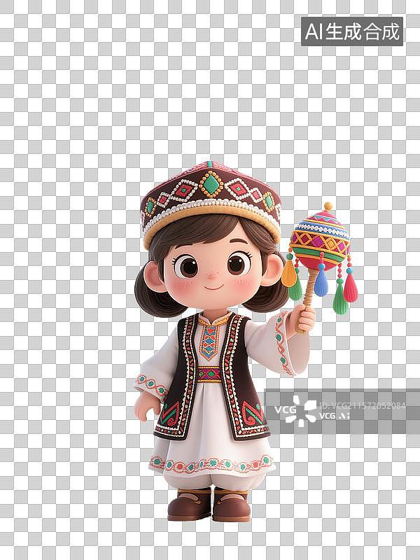 【AI数字艺术】身着民族服饰的维吾尔族卡通女子形象图片素材
