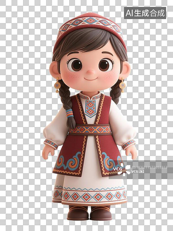 【AI数字艺术】身着民族服饰的哈萨克族卡通女子形象图片素材
