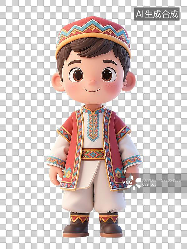 【AI数字艺术】身着民族服饰的维吾尔族卡通男孩形象图片素材