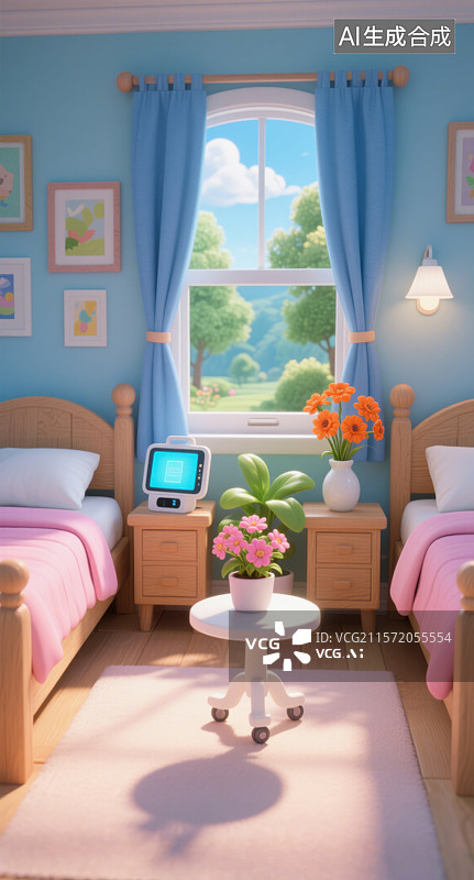 【AI数字艺术】3D三维卡通风格学生单人床卧室图片素材