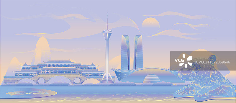 成都城市插画 成都地标建筑国潮矢量插画 339电视塔 安顺廊桥 双子塔图片素材