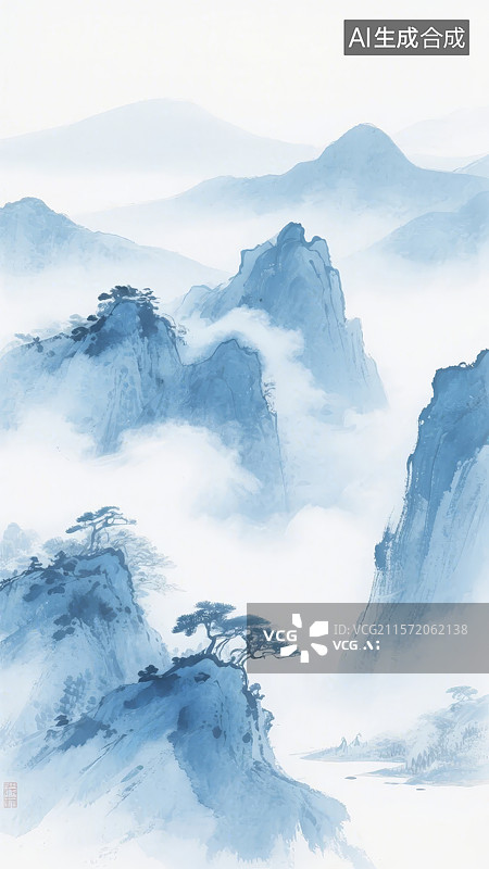 【AI数字艺术】云雾缭绕的山峰水墨画图片素材