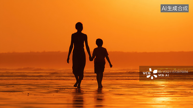 【AI数字艺术】日落时分，母子牵手漫步海滩图片素材
