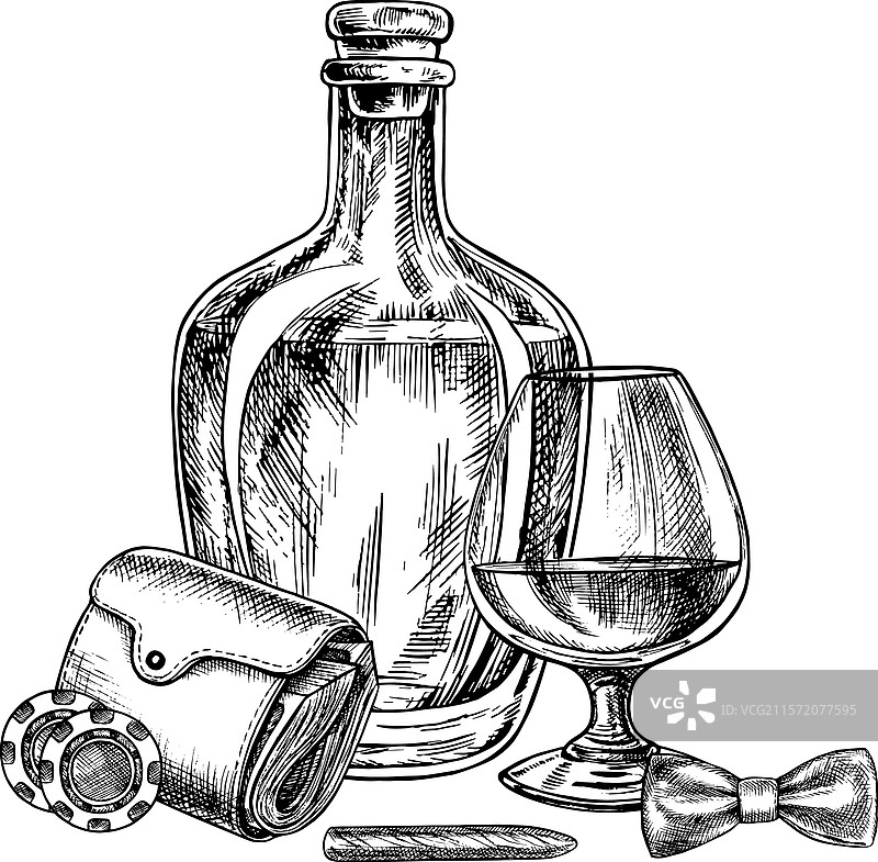 干邑、雪茄、赌场筹码和一个装满的手袋图片素材