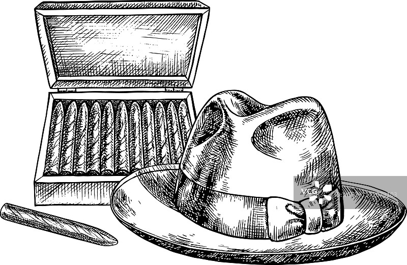 一顶男人的帽子和一盒昂贵的雪茄图片素材