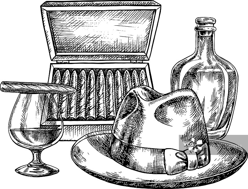 一个男人的帽子、一盒昂贵的雪茄和干邑酒图片素材