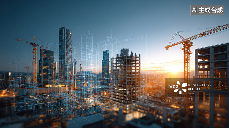 【AI数字艺术】日落时分的城市建筑工地图片素材