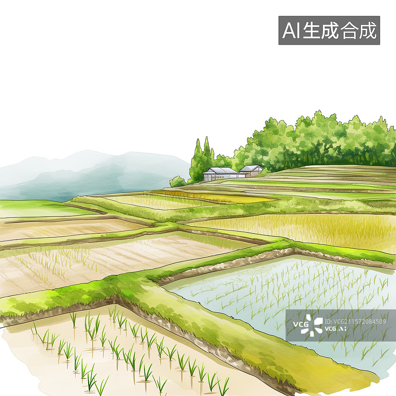 【AI数字艺术】宁静的田园水稻梯田图片素材
