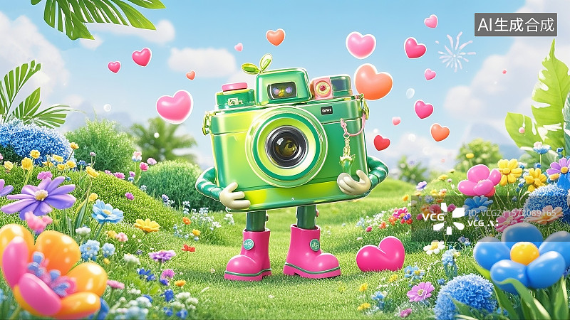 【AI数字艺术】3d相机形象春夏鲜花草地背景海报图片素材