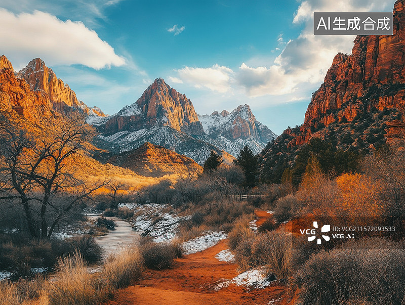 【AI数字艺术】峡谷红岩与雪山相映的自然风光图片素材