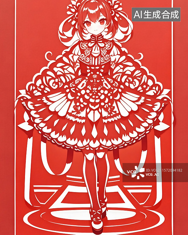 【AI数字艺术】剪纸艺术风格，二次元少女图片素材