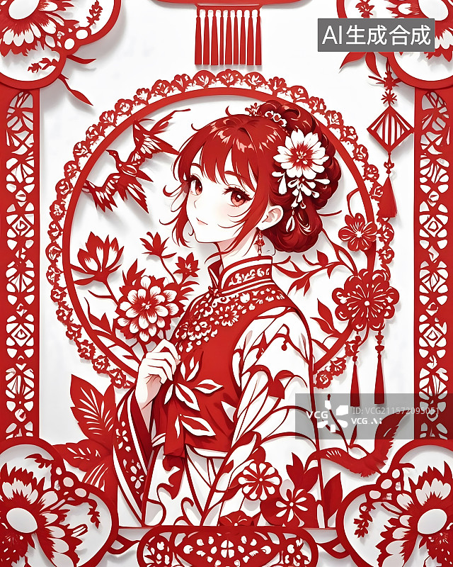 【AI数字艺术】剪纸艺术风格，二次元少女图片素材