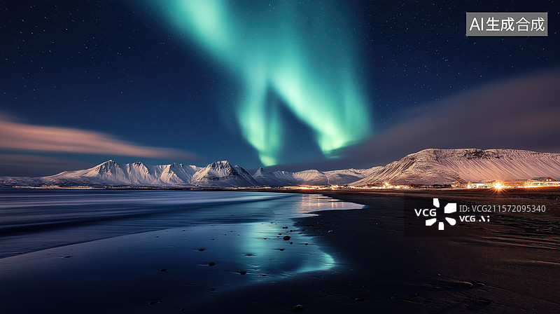 【AI数字艺术】黑沙滩上的波纹与远处雪山图片素材