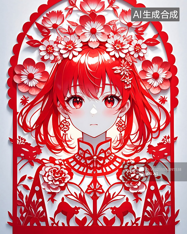 【AI数字艺术】剪纸艺术风格，二次元少女图片素材