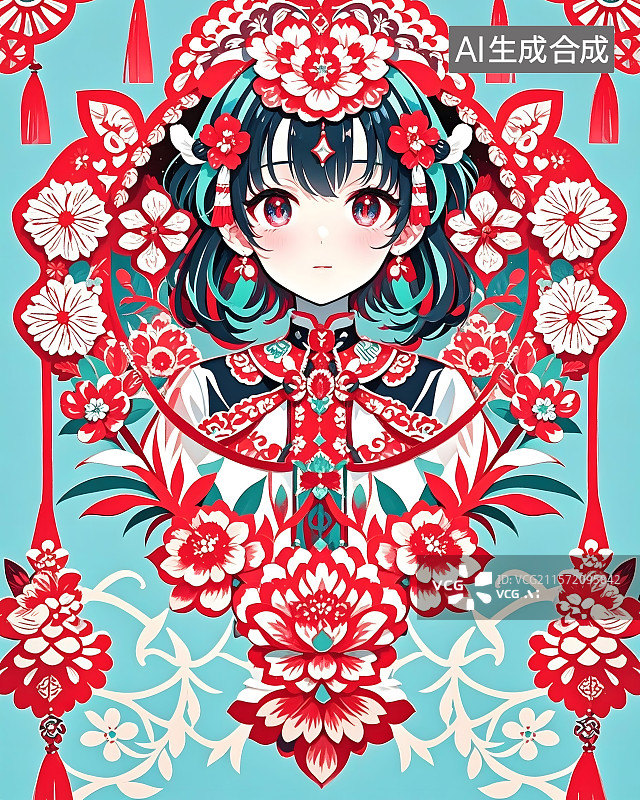 【AI数字艺术】剪纸艺术风格，二次元少女图片素材