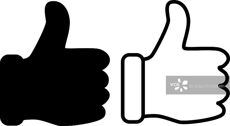 白色背景上的平面和轮廓拇指点赞图标图片素材