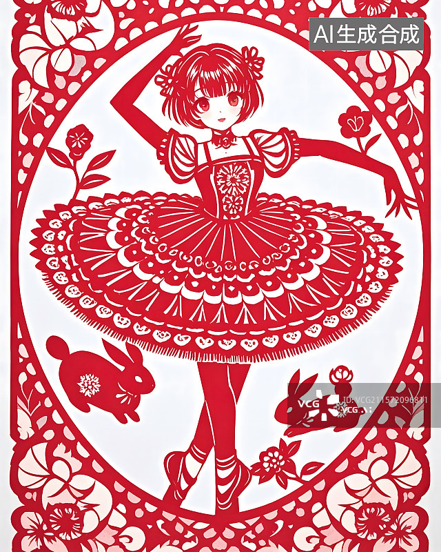 【AI数字艺术】剪纸艺术风格，二次元少女图片素材