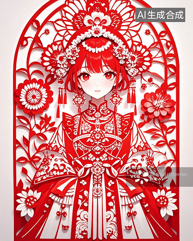 【AI数字艺术】剪纸艺术风格，二次元少女图片素材
