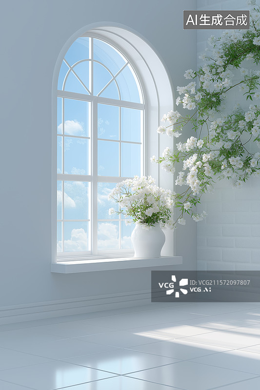 【AI数字艺术】窗边花瓶中的白色花朵图片素材