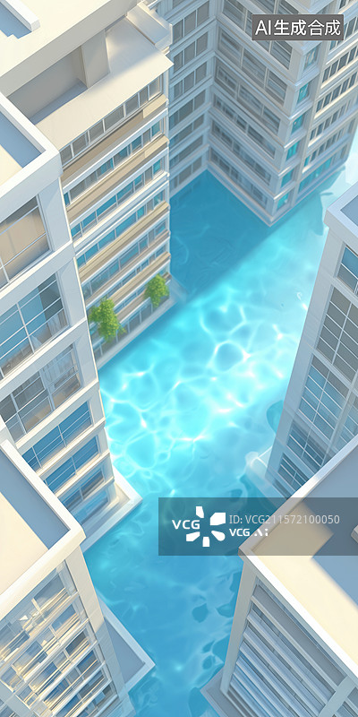 【AI数字艺术】清新航拍俯瞰现代城市高楼间的水池3D立体插画图片素材