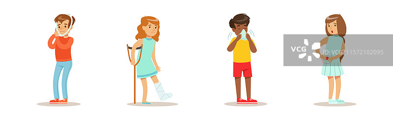 生病的孩子们感到不适，正在痛苦并需要帮助图片素材