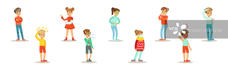 生病的孩子们感到不适，正在痛苦并需要帮助图片素材