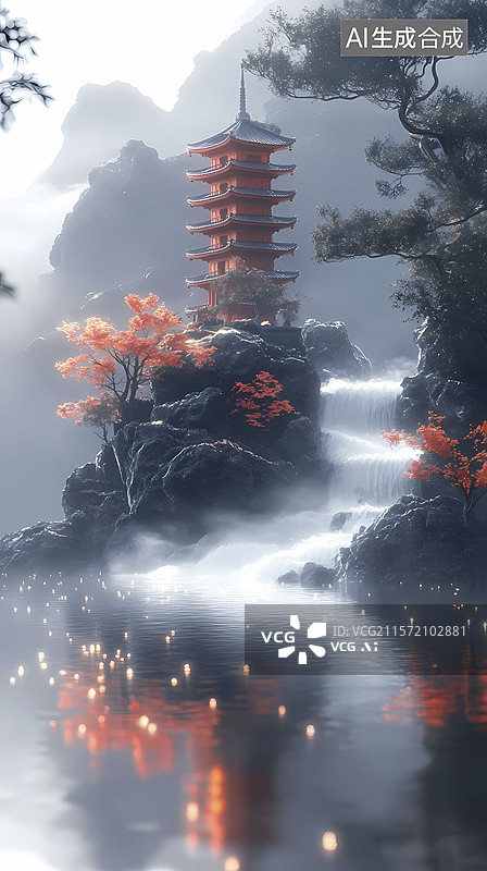 【AI数字艺术】传统中国黑白流动河流和古塔插画海报背景图片素材