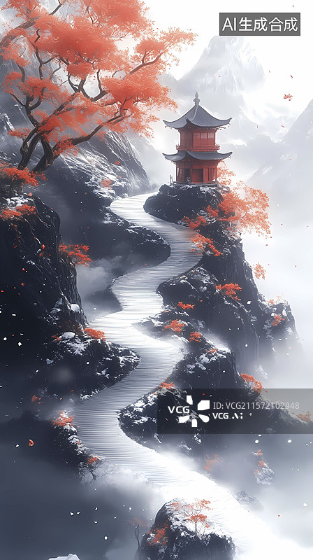 【AI数字艺术】传统中国黑白流动河流和古塔插画海报背景图片素材