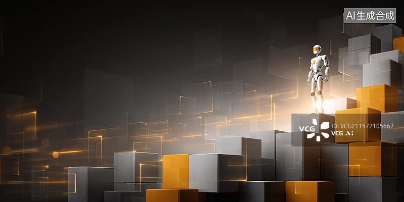 【AI数字艺术】未来网络空间概念深灰色抽象背景中几何结构顶部的机器人现代6G技术和数字元宇宙商业网络科技会议金融报告图片素材