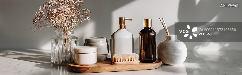 【AI数字艺术】极简主义干净厨房台面，抛光表面和微妙反光，柔和漫射光线，适用于家居护理和室内设计概念，宽敞且现代。图片素材