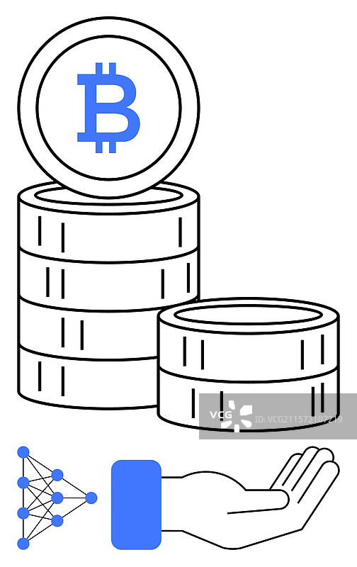伸出手的比特币硬币堆叠图片素材