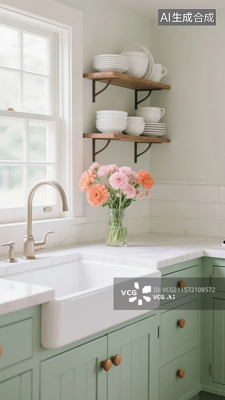 【AI数字艺术】厨房角落的白色水槽和绿色橱柜图片素材
